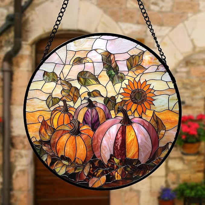 DASTOLL Stained Glass Window Hanging, Pumpkin Sunflower Suncatcher Diamond Glass Panel Sun Catchers Decor for Birthday for Women, Men, Wife, Aunt, and Mom 9.8 in