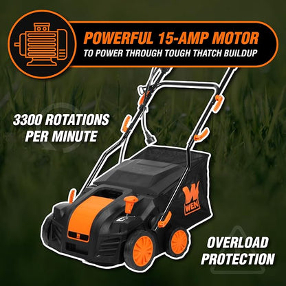 WEN DT1516 16-Inch 15-Amp 2-in-1 Electric Dethatcher and Scarifier with Collection Bag, Black