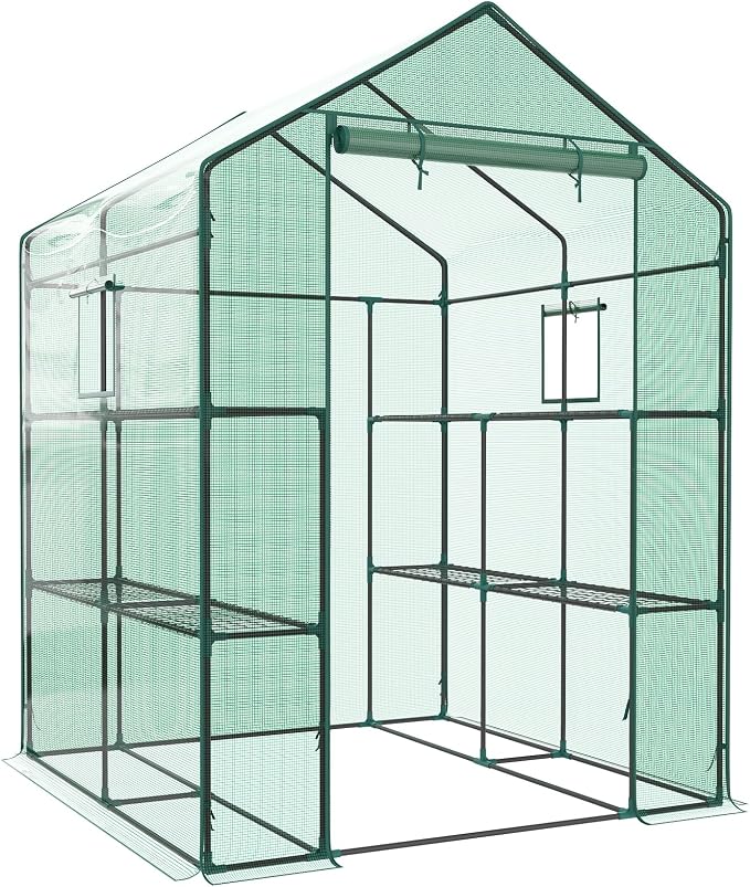 Sweetcrispy Outdoor Greenhouse, Walk-in Greenhouse with Durable PVC Cover, 2 Tier 8 Plant Shelves, 56"x56"x77" Portable Greenhouses for Outdoor Garden, Patio, Porch, Backyard Green Houses, Green