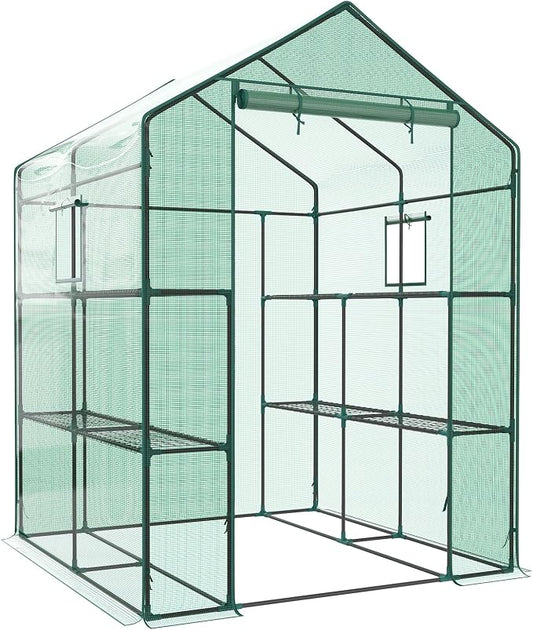 Sweetcrispy Outdoor Greenhouse, Walk-in Greenhouse with Durable PVC Cover, 2 Tier 8 Plant Shelves, 56"x56"x77" Portable Greenhouses for Outdoor Garden, Patio, Porch, Backyard Green Houses, Green