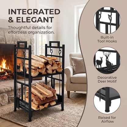 Firewood Rack Outdoor, 18 Inch 2 Tier Firewood Storage Log Rack with Heavy Steel Tube Construction, Wood Rack for Indoor Fireplace & Balcony (Black)