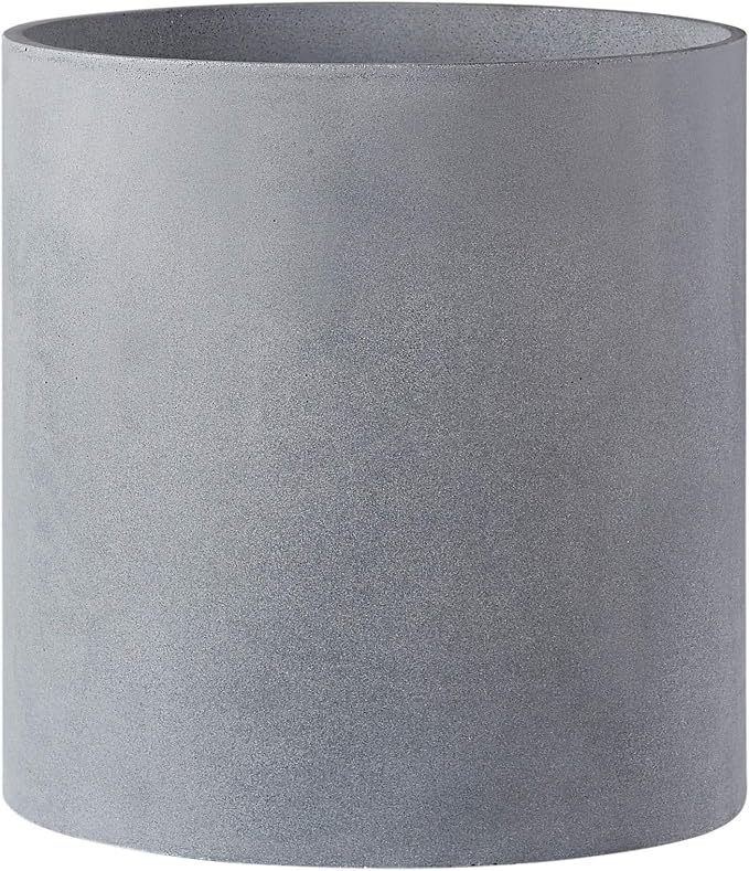 FaithLand 8 Inch Fiberstone Planter - Lightweight Modern Cylinder Plant Pot with Drainage Hole & Plug, Authentic Concrete Look, Gray
