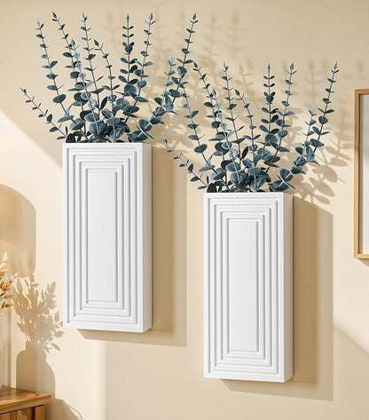 Wooden Wall Planter Vase, 2 Pack White Wood Hanging Vases with Fake Eucalyptus for Indoor Modern Boho Farmhouse Wall Art Decor for Home Indoor Kitchen Modern Farmhouse Bathroom