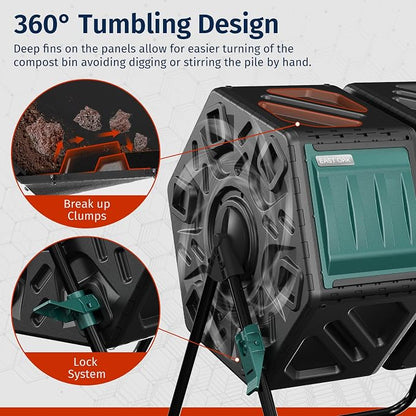 East Oak Dual Chamber Outdoor Compost Tumbler, 2 × 18.5 Gallon Compost Bin, Rotating Composter with Aeration and Locking System for Garden, Kitchen, Yard