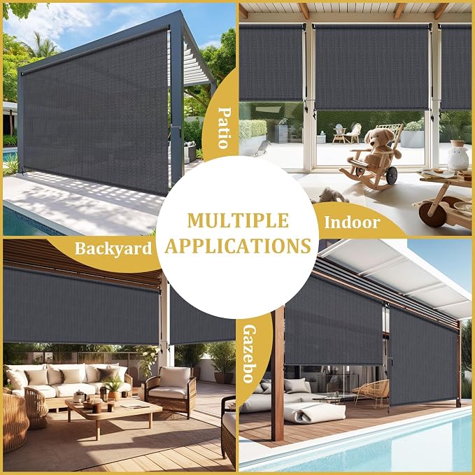 Shade&Beyond Outdoor Roller Shades with Splicing Design, 6' W x 8' H Cordless Patio Roll Up Blinds, Exterior Shade Cloth Roll for Porch, Gazebo, Pergola, Balcony, Blue Gray