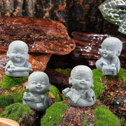 4pcs Mini Laughing Buddha Statues Monk Sandstone Sculptures Cute Baby Buddha Figurine Set Wealth Good Luck Decor Zen Spiritual Ornaments for Home Aquarium Office Garden - Style B