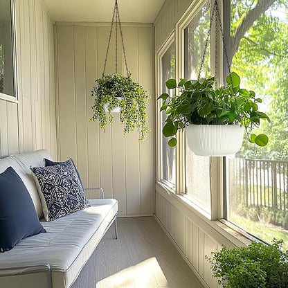 T4U 10 Inch Hanging Planters for Indoor Plants, 2 Pack White Self Watering Hanging Plant Pot, Hanging Pots Set with Drainage Hole & Plug & Chain with 3 Hooks for Garden Home Decor