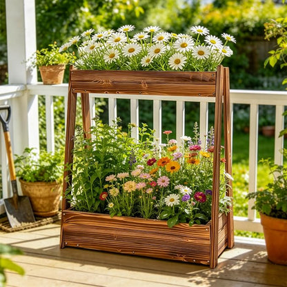 36" 2-Tier Freestanding Elevated Wooden Raised Garden Bed | Tiered fir wood planter with 23" vertical space, drainage holes, liner, and no-bend height for herbs, veggies, or flowers