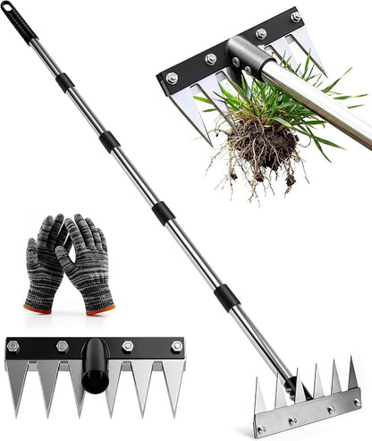 Weed Rake Tool for Garden, 2.0 Upgraded Heavy Duty Iron Weed Puller Tool with 71" Adjustable Long Handle, 6 Teeth Garden Rake Manual Weed Remover for Lawn, Yard, Garden | Heavy Duty, 71" Adjustable Long Handle