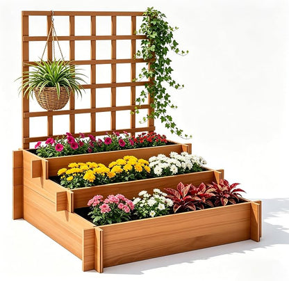 43" 3-Tier Fir Wood Raised Garden Bed with Trellis for Vegetables | Fir wood raised bed with trellis, non-woven liners, and 3 growing tiers for climbing veggies, herbs, flowers, or vines