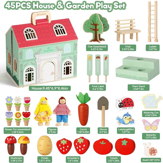 SIMPLIPLAY Montessori Wooden Garden Toys, Vegetable Matching Toy, Toy Food | 45pcs Wooden Dollhouse Kit, Educational Farm Pretend Play & Play Food Sorting for Toddler Kids Boys Girls Birthday Christmas