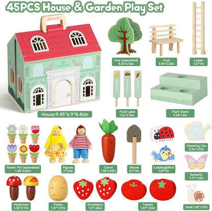 SIMPLIPLAY Montessori Wooden Garden Toys, Vegetable Matching Toy, Toy Food | 45pcs Wooden Dollhouse Kit, Educational Farm Pretend Play & Play Food Sorting for Toddler Kids Boys Girls Birthday Christmas