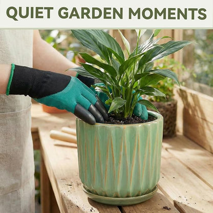 10 Inch Ceramic Planter Pot with Saucer Drainage Leak-Proof Mesh,Flower Pots for Indoor Plants with Gardening Gloves,Ceramic Planter(Light Green)