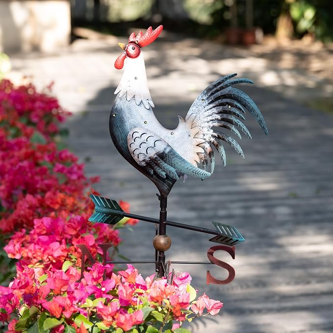 TERESA'S COLLECTIONS Garden Decor with Solar Outdoor Lights, White Rooster Yard Art Sign for Outside, 34'' Metal Weathervane Decorative Garden Stake for Outdoor Decor, Lawn, Gifts for Mom