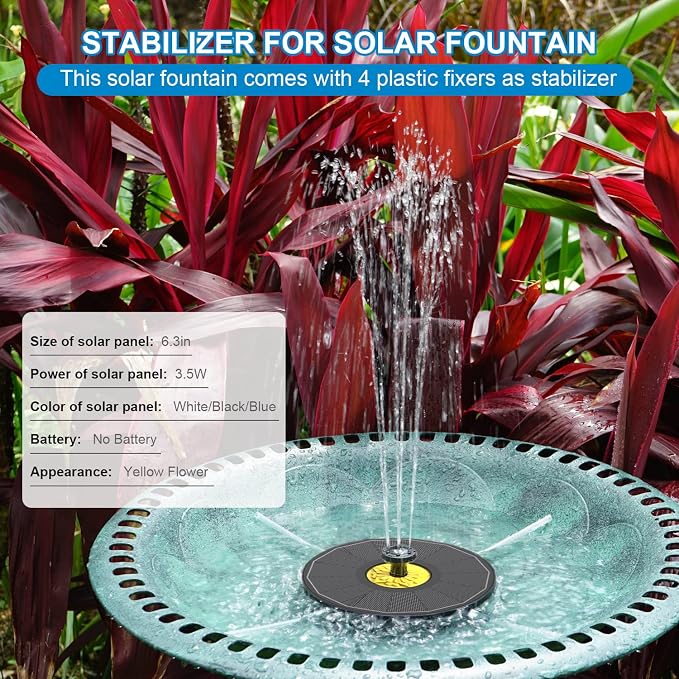 Yzert Solar Bird Bath Fountains,3.5W Glass Panel Solar Fountain Pump for Bird Bath No Battery,Solar Water Fountain Outdoor with 4 Fixed Pipes 7 Nozzles(Black)
