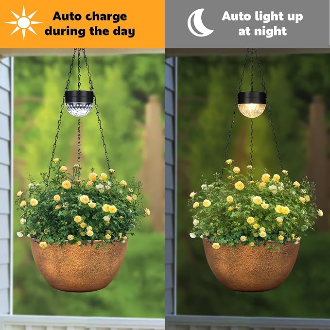 SUNNYPARK 2 Pack Solar Hanging Planters for Plants Outdoor | Self Watering, Bronze Flower Pots with Solar Light, Hanging Garden Planters with Drainer for Balcony Patio Outdoor Decor