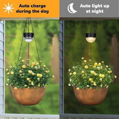 SUNNYPARK 2 Pack Solar Hanging Planters for Plants Outdoor | Self Watering, Bronze Flower Pots with Solar Light, Hanging Garden Planters with Drainer for Balcony Patio Outdoor Decor