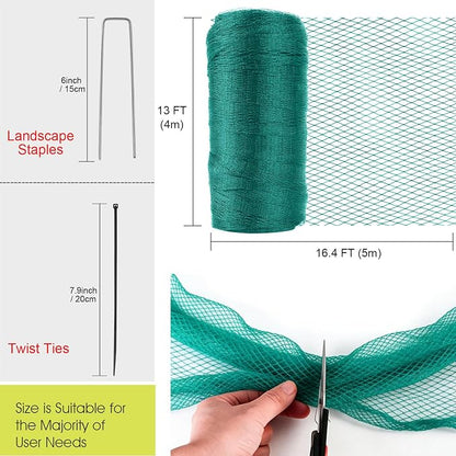 Bird Netting for Garden Protection, 13 x 16.5 FT Heavy Duty Garden Netting with Ties and Landscape Staples for Vegetable, Fruit Trees & Other Plants Against Birds Deer Squirrels and Poultry