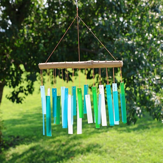 Ocean Blue Sea Glass Driftwood Wind Chime, Handcrafted Coastal, 15 Inch | Ocean Blue Glass; Driftwood Accent; Coastal Patio Decor; Handcrafted Wind Chime