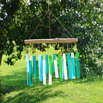 Ocean Blue Sea Glass Driftwood Wind Chime, Handcrafted Coastal, 15 Inch | Ocean Blue Glass; Driftwood Accent; Coastal Patio Decor; Handcrafted Wind Chime