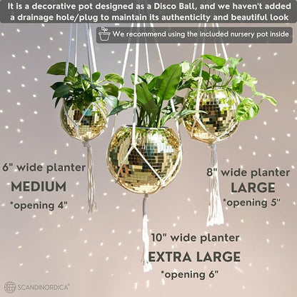 SCANDINORDICA Disco Ball Planter – Disco Ball Plant Hanger, Mirror Disco Planter with Chain, Macrame Hanger, Acrylic Stand and Insert Pot, Hanging Planter | Disco Ball Decor – 20 cm (8“) Gold
