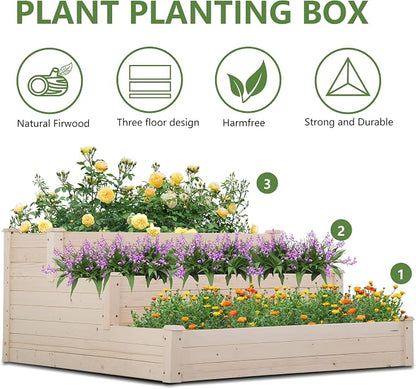 FDW 3 Tier Raised Garden Bed Outdoor Wooden Planter Box 48x48x29 ft Wood Elevated Planter Box with Divided Sections Open-Ended Base for Vegetables Flowers Herbs Plants
