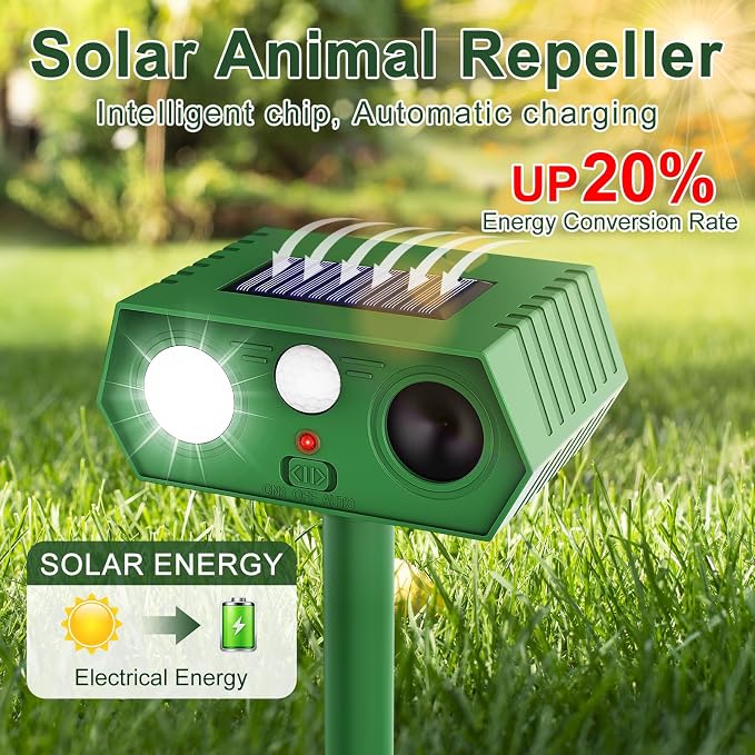 2 Pack 2026 Upgraded Solar Ultrasonic Animal Repellent Outdoor, Deer Repellent Devices Waterproof, Motion Activated Cat Repellent Outdoor, Squirrel Raccoon Skunk Rabbit Dog Bird Deterrents for Yard