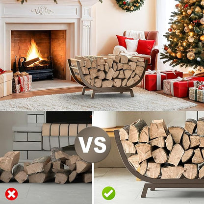 Firewood Rack - 25 inch Outdoor Indoor Metal Firewood Holder With Thickened Trapezoid Base-Double Coated Waterproof Rustproof Fireplace Firewood Stand, Bronze