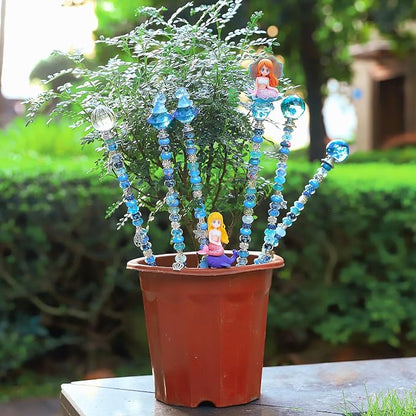 AIPRIDY DIY Crystal Beaded Fairy Wand Garden Stakes Kit, Colorful Decorative Wands with Assembly Guide, 12 or 10 Inch Threaded Rods,Outdoor Garden Decoration Set (158, Aqua+Hybrid Top)
