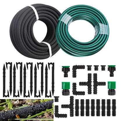 Customized Water Saving Drip Irrigation System - 1/2 Inch x 75ft Soaker Hose with 50ft PVC Garden Hose, Quick Connect Irrigation Watering Hose Kits with Reinforced Fittings for Yard & Vegetable Patch