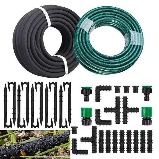 Customized Water Saving Drip Irrigation System - 1/2 Inch x 75ft Soaker Hose with 50ft PVC Garden Hose, Quick Connect Irrigation Watering Hose Kits with Reinforced Fittings for Yard & Vegetable Patch