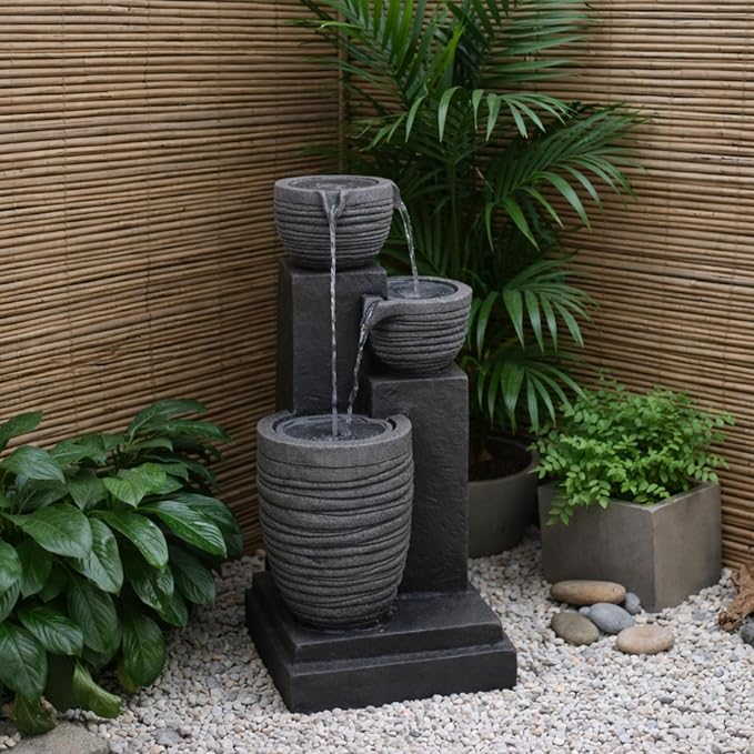 Teamson Home Horizontal Ribbed Pattern Outdoor Water Fountain, Warm Gray | Warm Glow Lighting, Adjustable Flow, Electric Pump