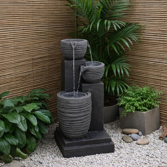 Teamson Home Horizontal Ribbed Pattern Outdoor Water Fountain, Warm Gray | Warm Glow Lighting, Adjustable Flow, Electric Pump