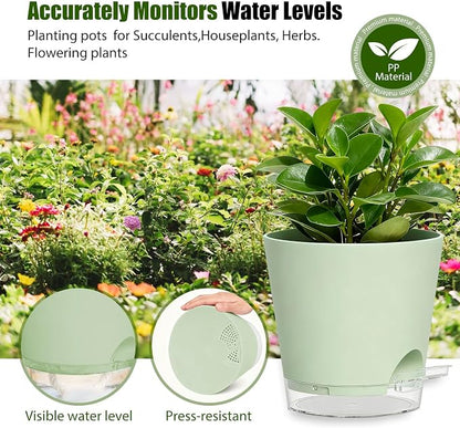 Plant Pots 5 Inch Self Watering Pots,6 Pack Plastic Planters with Drainage Holes and Clear Saucers,Plastic Flower Pots,Nursery Planting Pot for Indoor Out Door Plants (Green)