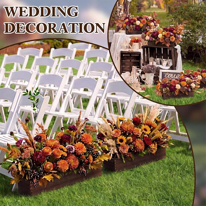 Sintuff 4 Set Rectangle Wooden Planters, 24 x 4 Inch Wood Boxes with Removable Plastic Liner & Floral Foam Blocks, Rustic Wood Planter for DIY Centerpieces Home Wedding Garden Bookshelf Decor (Brown)
