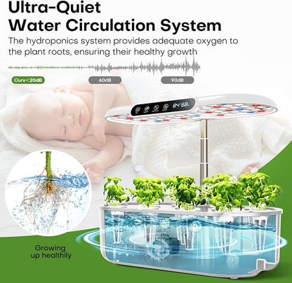 Ahopegarden Hydroponics Growing System with 12 Pods, Indoor Garden Kit with LED Grow Light & LCD Temp Humidity Display, Smart Quiet Pump Planter for Herbs, Lettuce, Vegetables, Kitchen Garden Use