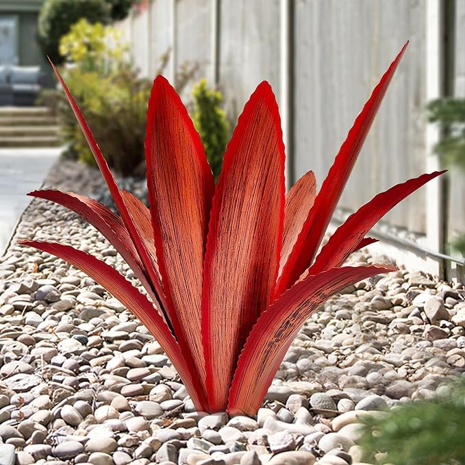 TOMBABY Enlarge Thickened Wind Resistant Metal Agave Garden Art Metal Plant Country Garden Sculpture Statue Outdoor Decoration Agave Metal Plant Courtyard Garden Lawn Ornament Gift (1, 12 Leaves red)