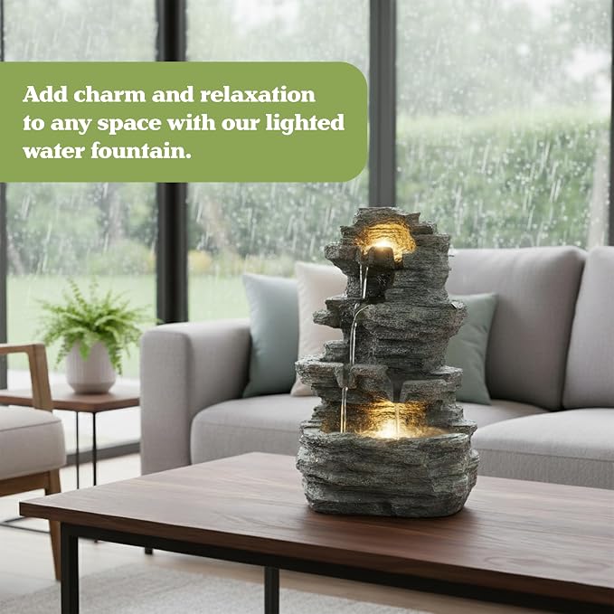 Tabletop Waterfall Fountain with Cascading Rock and LED Lights - Resin Tiered Stones for Office, Patio, and Home Decor by Pure Garden (Gray)