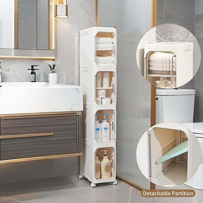 Narrow Storage Cabinet,2-Tier Slim Bathroom Organizer with Wheels,Beige | Turns Unused Narrow Spaces into Organized Storage Slim Outside Spacious Inside Rolls Smoothly Locks Securely Snap Assembly