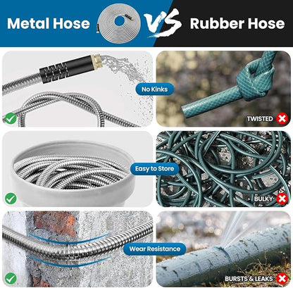Garden Hose 100FT, Water Hose with 10 Function Nozzle, Garden Hose Metal with Leak-proof Connectors, Kink-Free & Ultra Flexible, Rust/Pet/Puncture Proof for Lawn, Yard, Car Wash, 550PSI