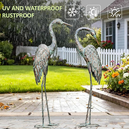 Kircust Garden Crane Statues, Standing Metal Patina Heron Decoy Weather-Resistant and Rustless Outdoor Statue, 42-46 Inch Bird Yard Art for Patio Lawn Pond, Set of 2