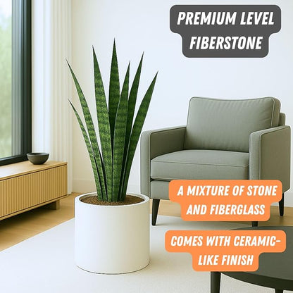 Fox & Fern Large Indoor Planter, Modern Large Plant Pot for Indoor or Outdoor, UV and Frost Resistant - 14.6 Inch, Matte White Flower Pot with Drainage Plug, Lightweight