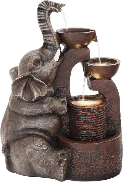 20" Elephant Outdoor Fountain LED 3-Tier Waterfall, Bronze | 3-bowl cascading water, garden patio backyard porch