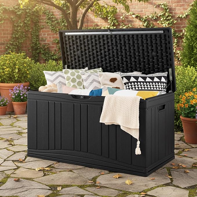 Tangkula 80 Gallon Outdoor Storage Box, Large HDPE Resin Patio Storage Box with Gas Struts & Lockable Lid, 2-in-1 Waterproof Deck Box for Package Delivery, Garden Tools, Outdoor Cushions