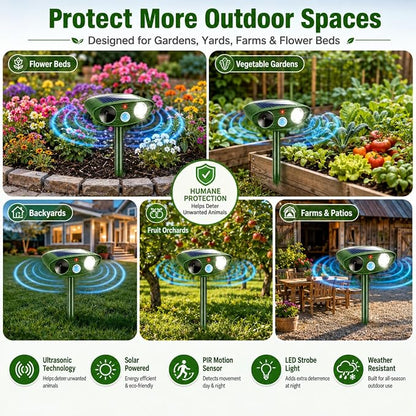 2 Pcs Upgraded Sonic Deer Repellent Devices,Solar Ultrasonic Animal Repellent Outdoor for Racoons,Squirrels,Cats,Rabbits &Foxes,Waterproof Flashing Light Motion Sensor Animal Deterrent for Garden Yard