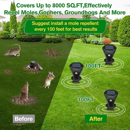 Mole Repellent Solar Powered, 4 Pack Ultrasonic Gopher Repeller IP65 Waterproof for Lawn Garden Yard, Sonic Vole Repellent Mole Killer Outdoor Get Rid of Snake Groundhog Chipmunk Squirrels-Black