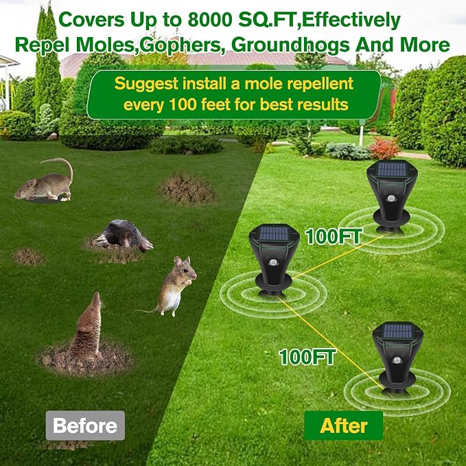 Mole Repellent Solar Powered, 6 Pack Ultrasonic Gopher Repeller IP65 Waterproof for Lawn Garden Yard, Sonic Vole Repellent Mole Killer Outdoor Get Rid of Snake Groundhog Chipmunk Squirrels-Black