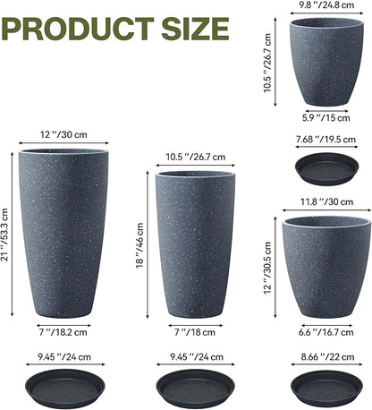 ZMTECH 4 Pack Plastic Planters 21/18/12/10in, Indoor Outdoor Round Planter for Porch, Large Plant Pot with Drainage Hole for Home Garden Front Door, Modern Decorative Pots for Plants (Dark Gray)