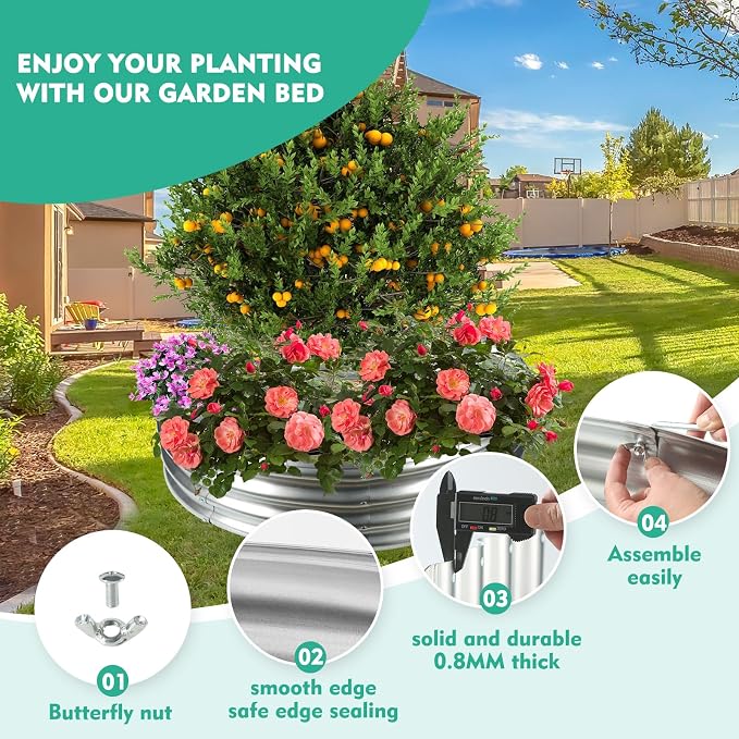 12 Inch Tall 36 Inch Diameter Round Silver Raised Garden Bed Kits Outdoor | 1 FT Tall,3 FT Planter Bed for Flowers,Herbs,Vegetables,Trees,0.8MM Thick Galvanized Metal,with Gloves,Tool free