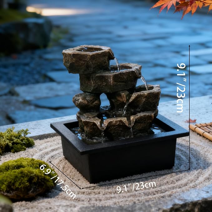 Indoor Tabletop Rock Waterfall Fountain with Warm Light & Stacked Stone for Home Office Desk Decor, Zen Resin Water Feature for Relaxation